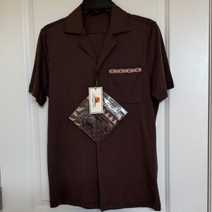 Murano Brown Short-Sleeve Button-Down Shirt with Printed Pocket Trim S size